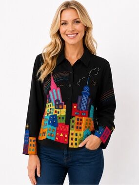 Vibrant Art-to-Wear Embroidered Cityscape Jacket XL‎ Boho Maximalist